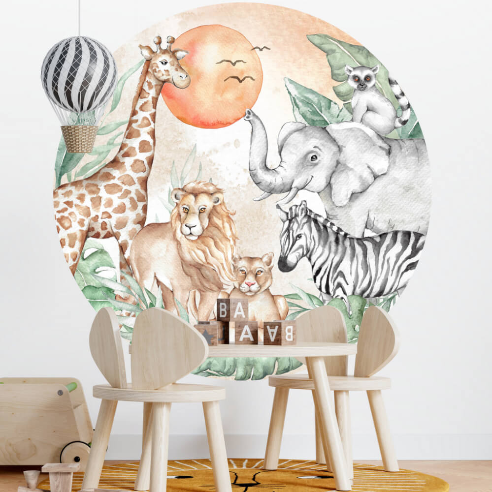 E-shop Textilná nálepka na stenu - SAFARI zvieratká v kruhu