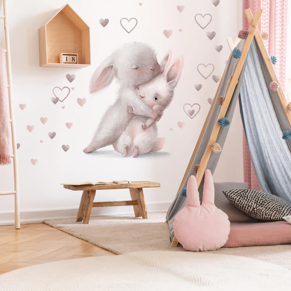 E-shop Akvarelová nálepka na stenu - Zajačiky v objatí