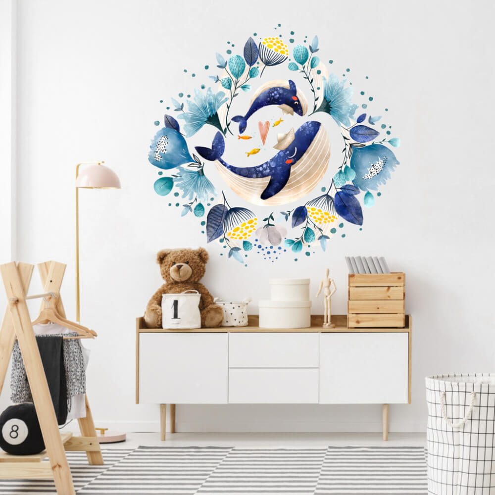 E-shop Akvarelová nálepka na stenu - Veľrybky s kvetmi