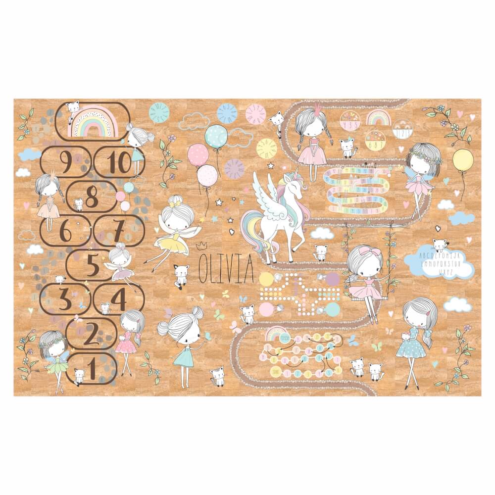E-shop Veľký dievčenský koberec z korku s vílami a detskými hrami
