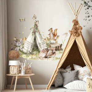 Nálepka na stenu Woodland - Teepee stan a lesné zvieratká