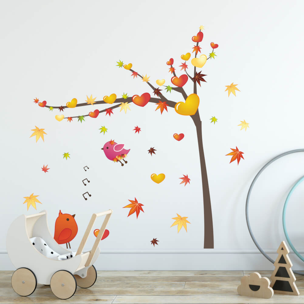 Nálepka na stenu - Jesenný strom s vtáčikmi