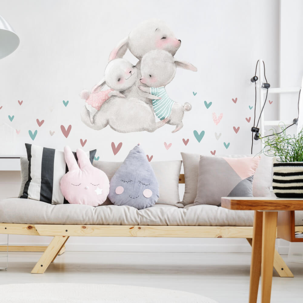 E-shop Akvarelová nálepka na stenu - Rodinka zajačikov so srdiečkami